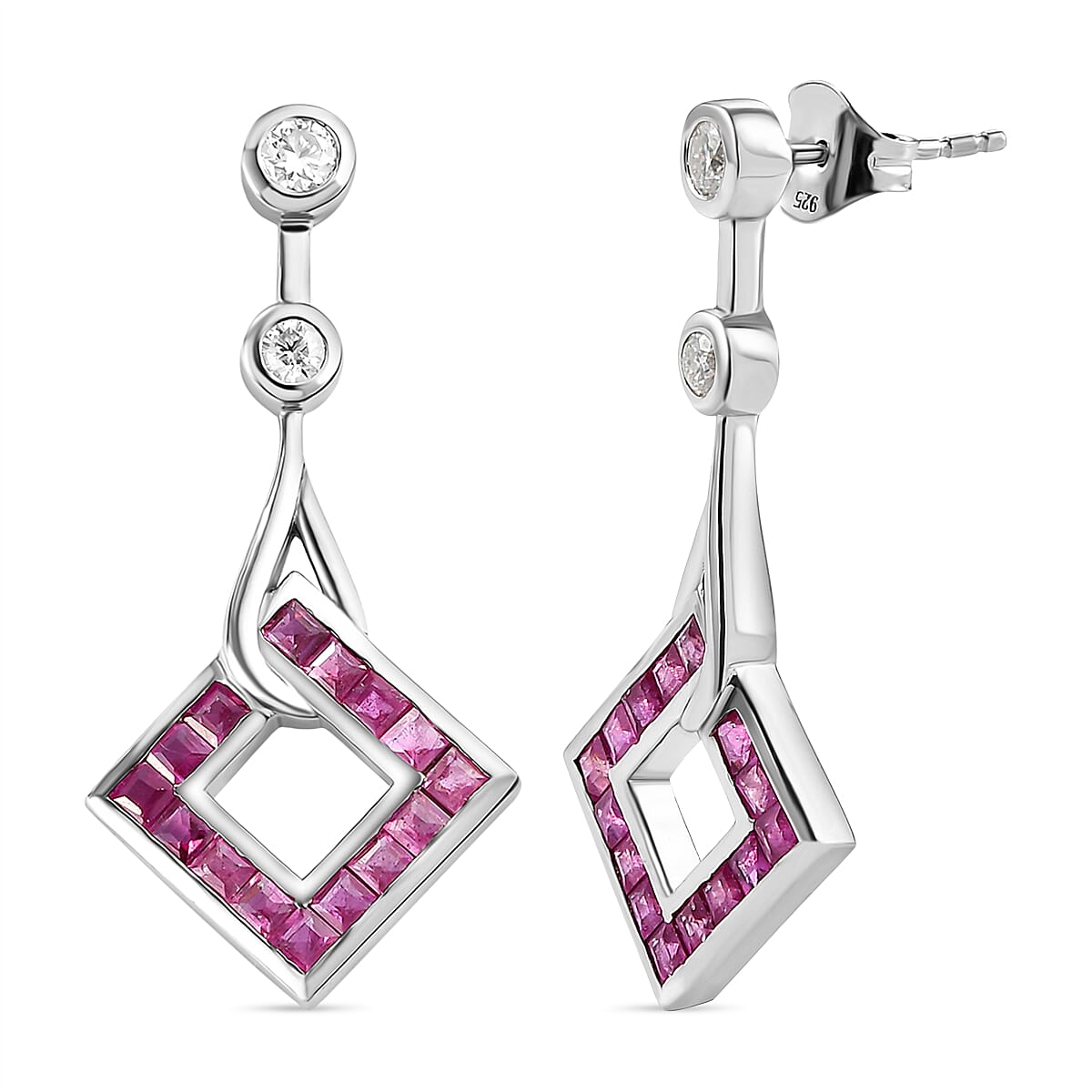 Cabo Delgado Ruby and Moissanite Dangle Earrings in Platinum Overlay Sterling Silver 2.86 Ct.
