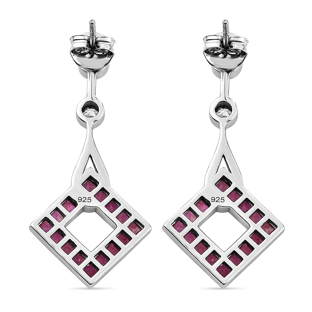 Cabo Delgado Ruby and Moissanite Dangle Earrings in Platinum Overlay Sterling Silver 2.86 Ct.
