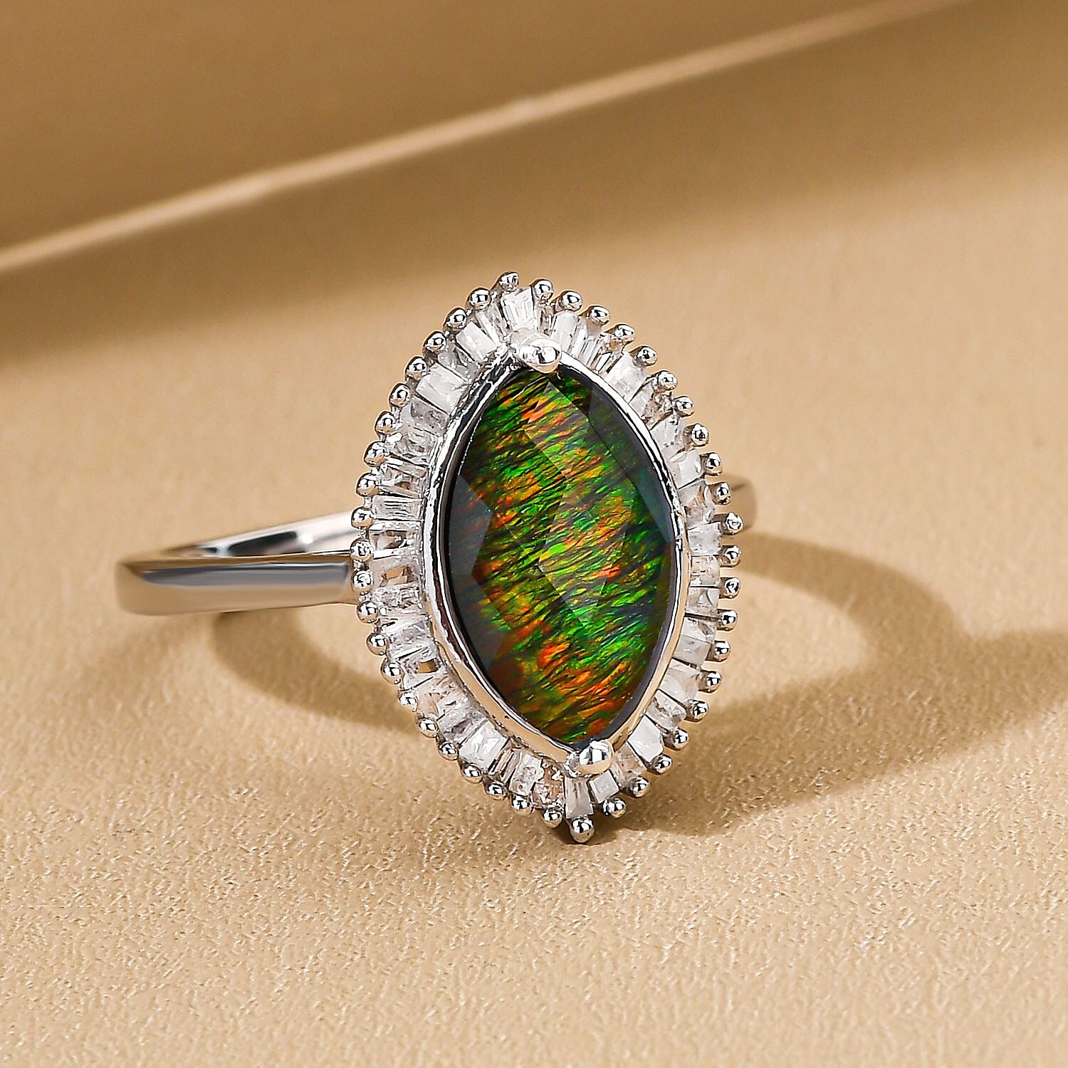 Ammolite and Diamond Ring in Platinum Overlay Sterling Silver 2.34 Ct.