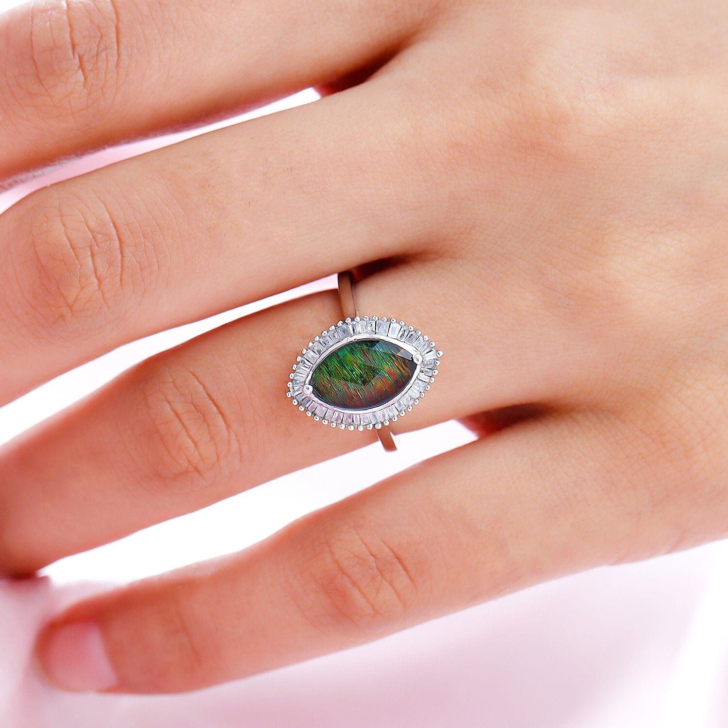Ammolite and Diamond Ring in Platinum Overlay Sterling Silver 2.34 Ct.