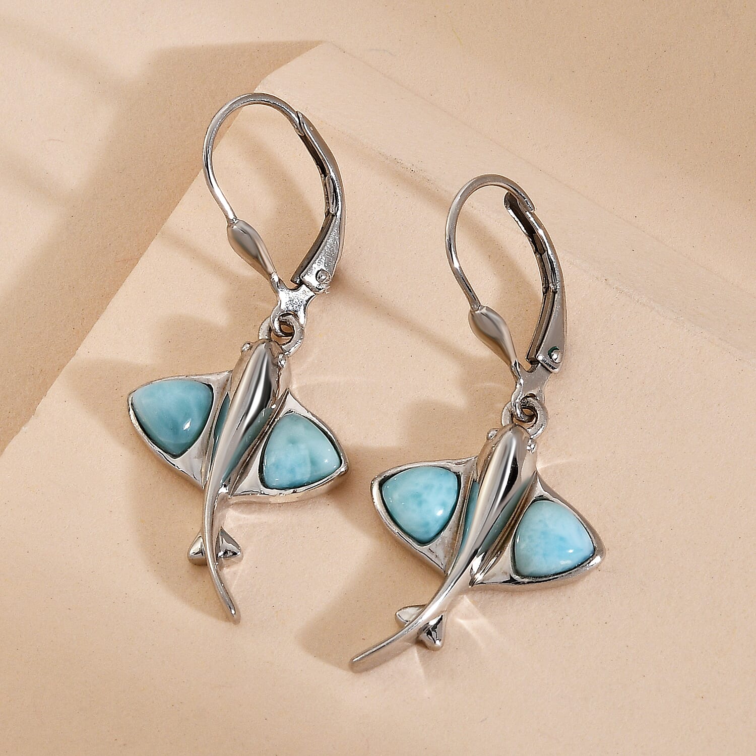 Larimar Lever Back Earrings in Platinum Overlay Sterling Silver 2.13 Ct.