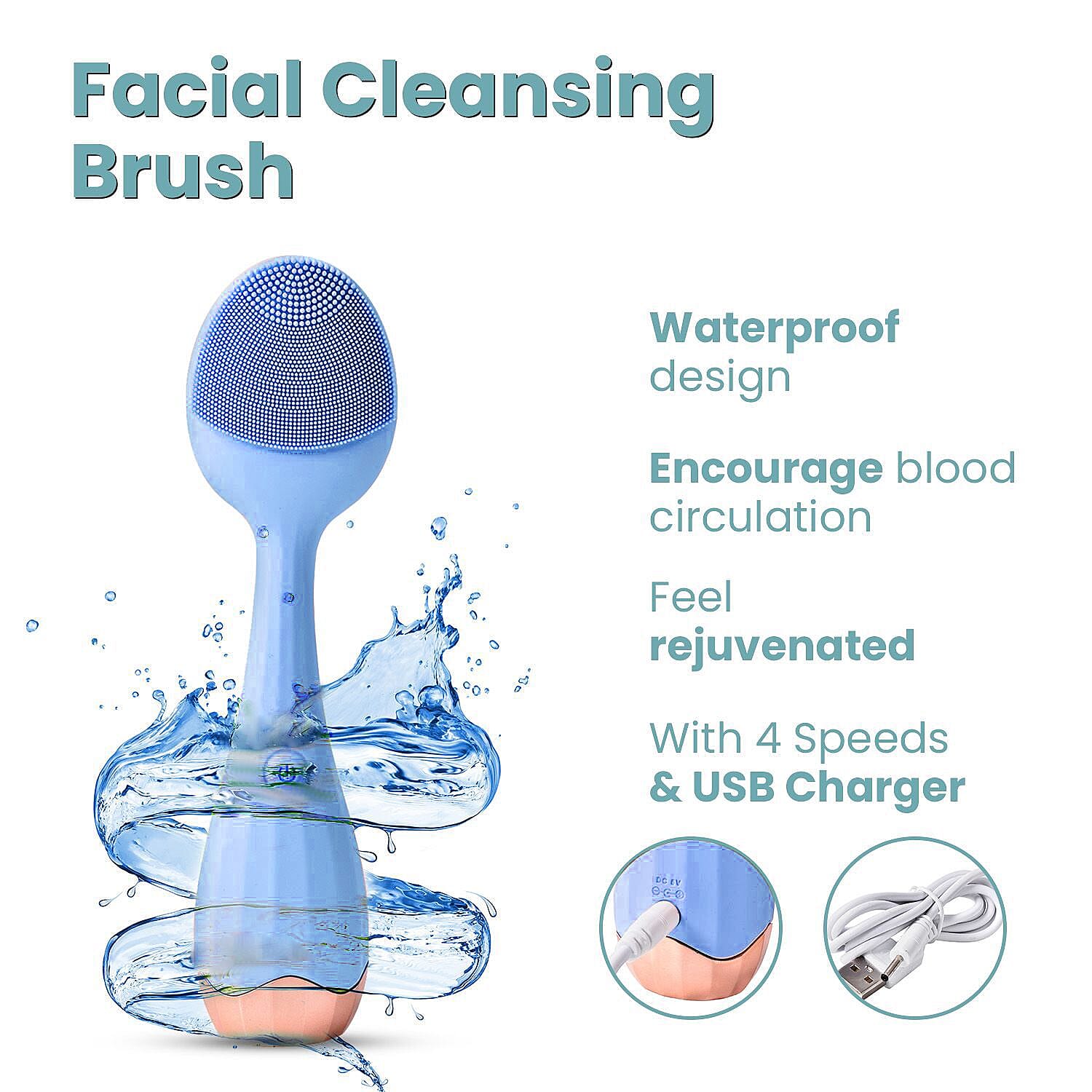 Waterproof Silicone Facial Cleansing Brush - Light Blue (With 4 Speeds - USB Charger)