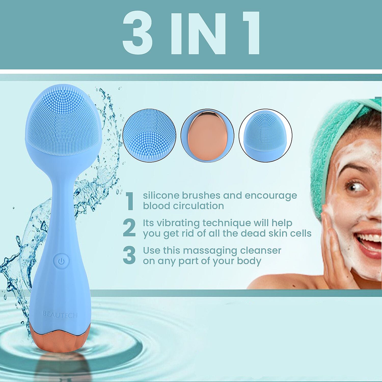 Waterproof Silicone Facial Cleansing Brush - Light Blue (With 4 Speeds - USB Charger)