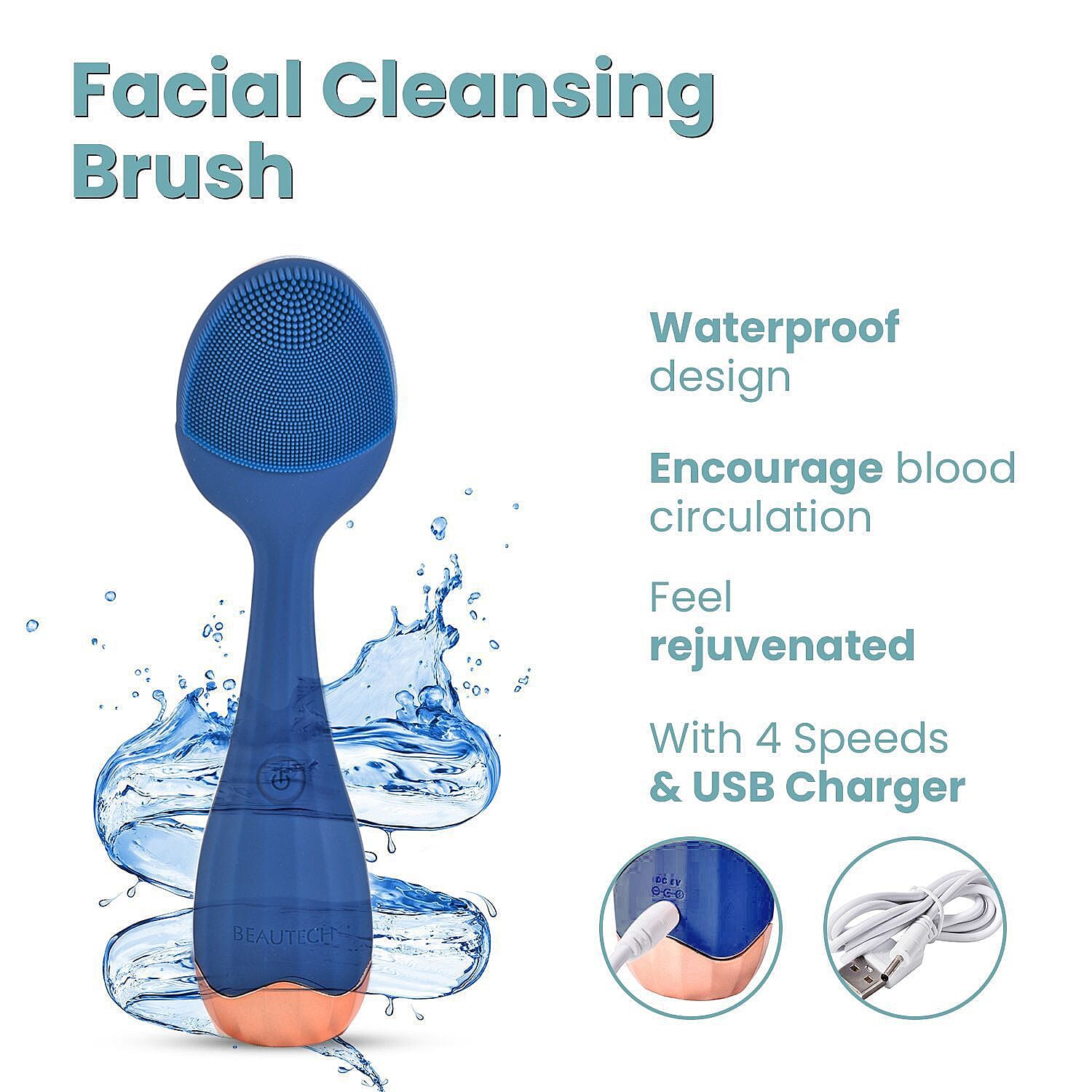Waterproof Silicone Facial Cleansing Brush - Navy (With 4 Speeds - USB Charger)