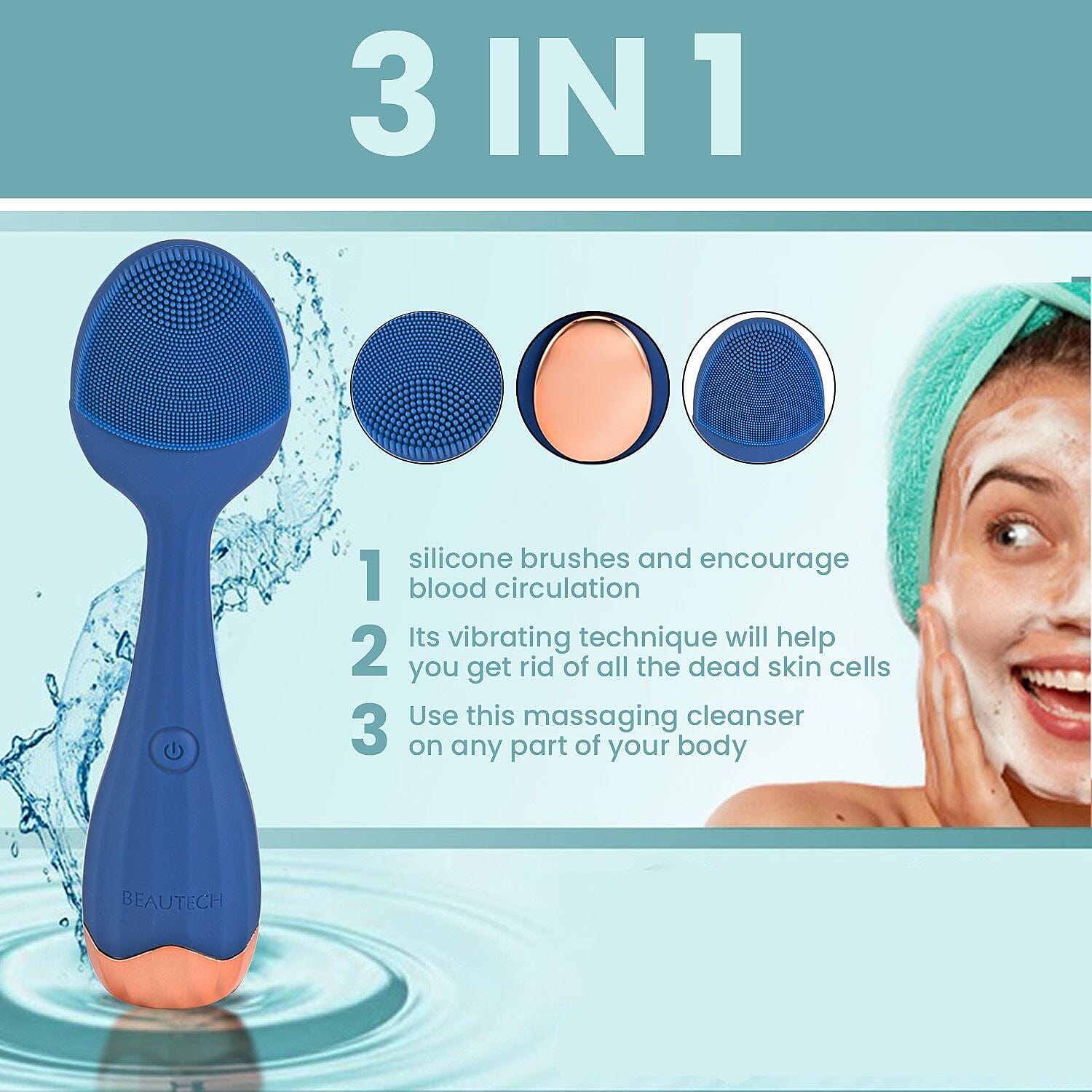 Waterproof Silicone Facial Cleansing Brush - Navy (With 4 Speeds - USB Charger)