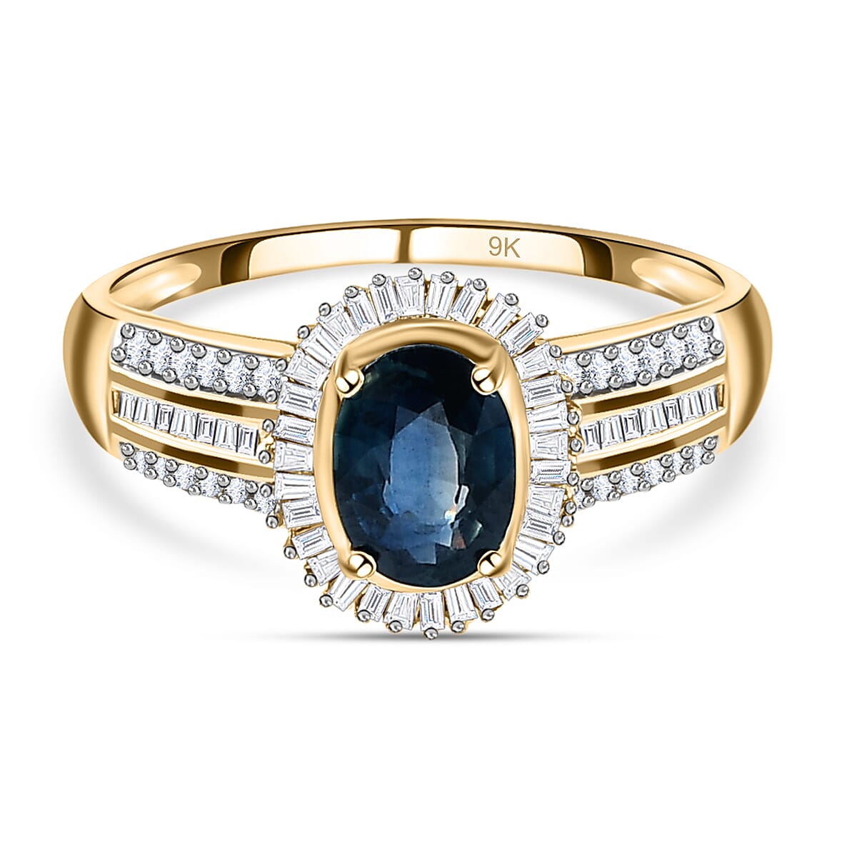 9K Yellow Gold Ocean Teal Sapphire and Diamond Ring 1.30 Ct