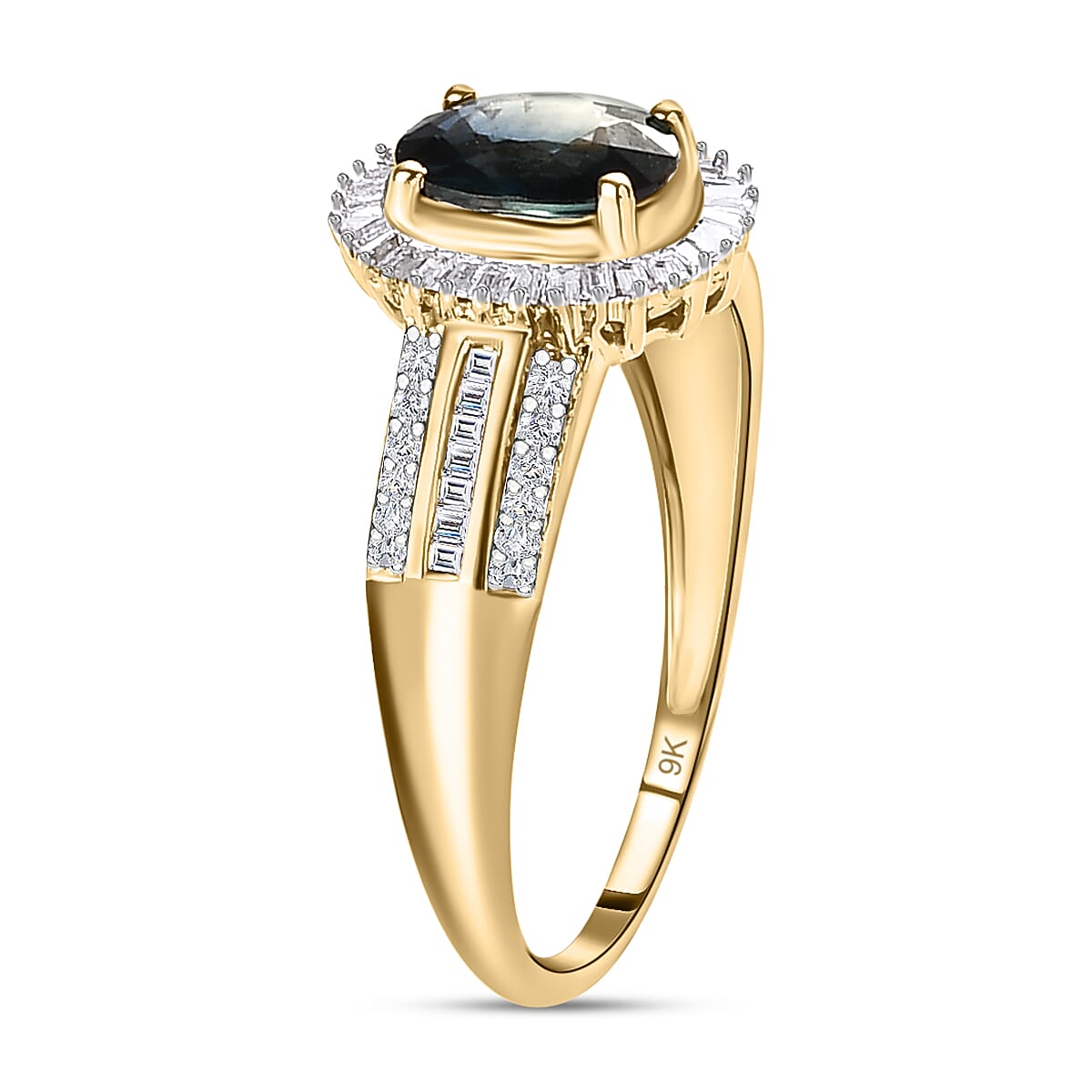 9K Yellow Gold Ocean Teal Sapphire and Diamond Ring 1.30 Ct