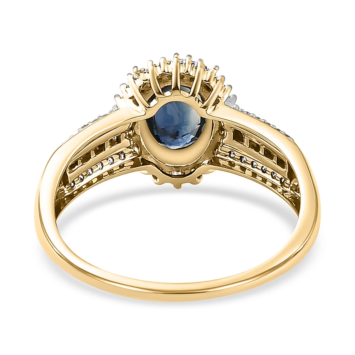 9K Yellow Gold Ocean Teal Sapphire and Diamond Ring 1.30 Ct