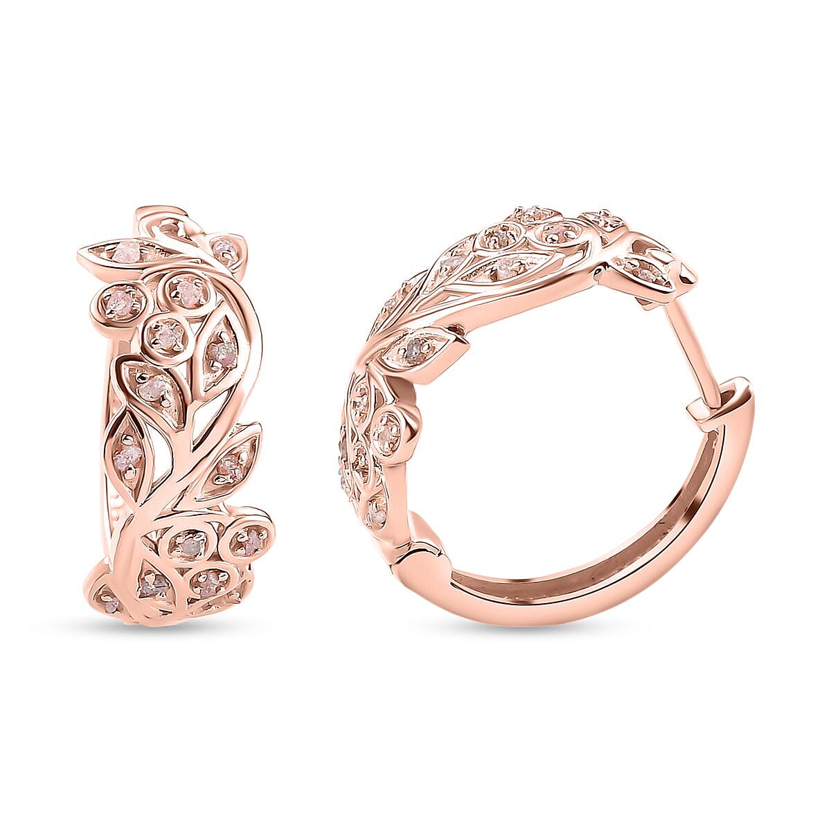 Natural Pink Diamond Earrings With Hoop in 18K Vermeil Rose Gold Plated Sterling Silver 0.32 Ct.