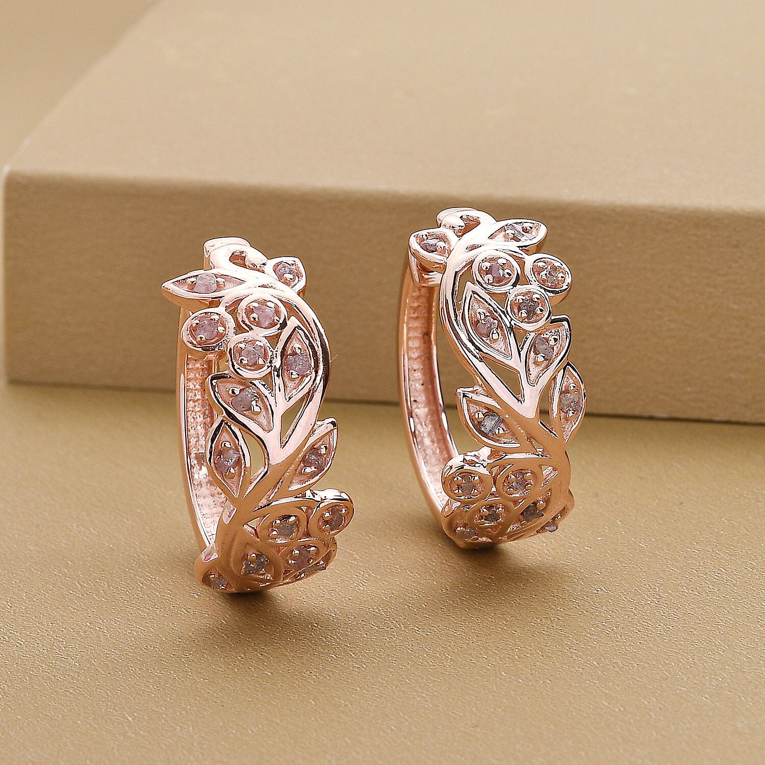 Natural Pink Diamond Earrings With Hoop in 18K Vermeil Rose Gold Plated Sterling Silver 0.32 Ct.