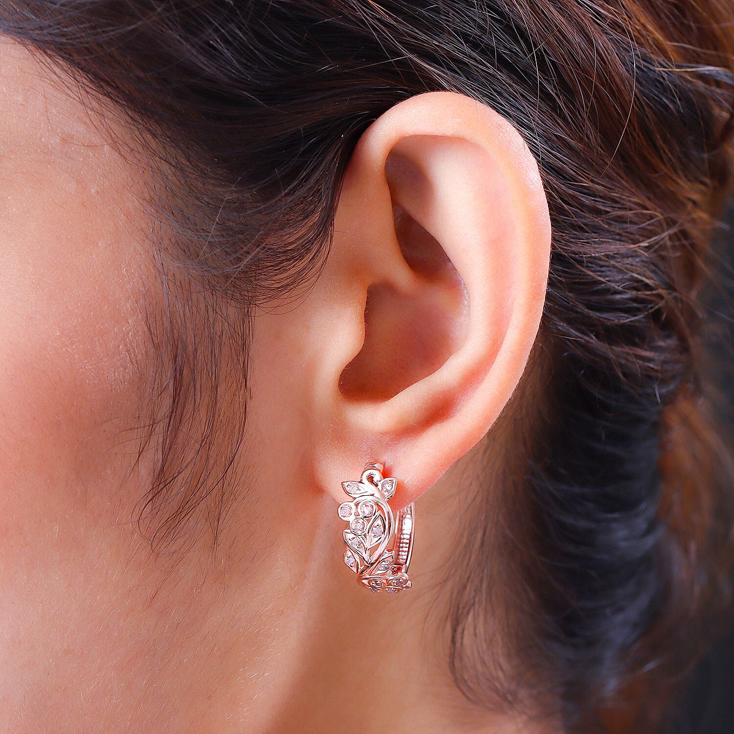 Natural Pink Diamond Earrings With Hoop in 18K Vermeil Rose Gold Plated Sterling Silver 0.32 Ct.