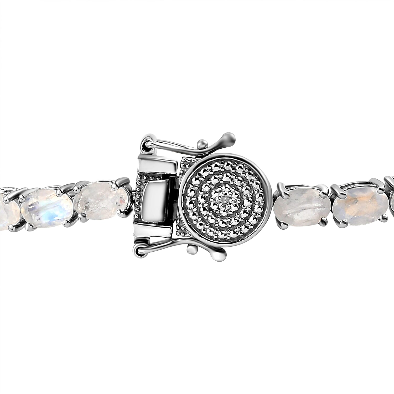 Moon Glow Stone and Diamond Bracelet (Size - 7) in Platinum Overlay Sterling Silver 12.26 Ct, Silver Wt. 9.27 Gms