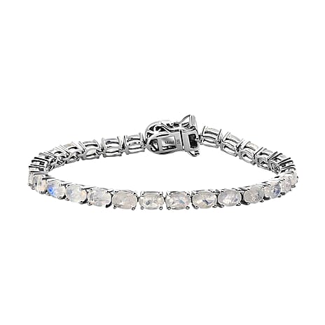 Moon Glow and White Diamond Tennis Bracelet (Size - 8) with GB Lock Box in Platinum Overlay Sterling Silver 14.08 Ct, Silver Wt. 10.43 Gms