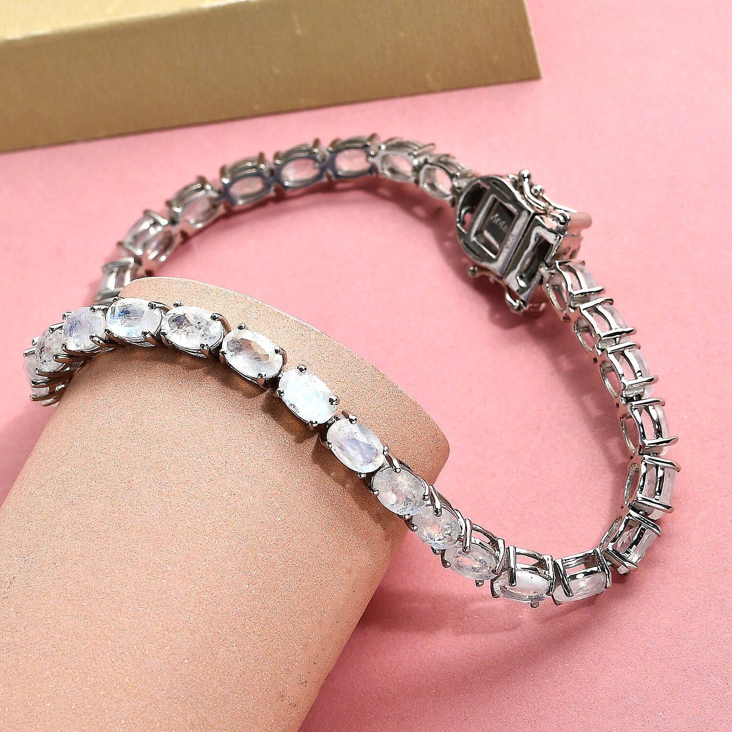 Moon Glow and White Diamond Tennis Bracelet (Size - 8) with GB Lock Box in Platinum Overlay Sterling Silver 14.08 Ct, Silver Wt. 10.43 Gms