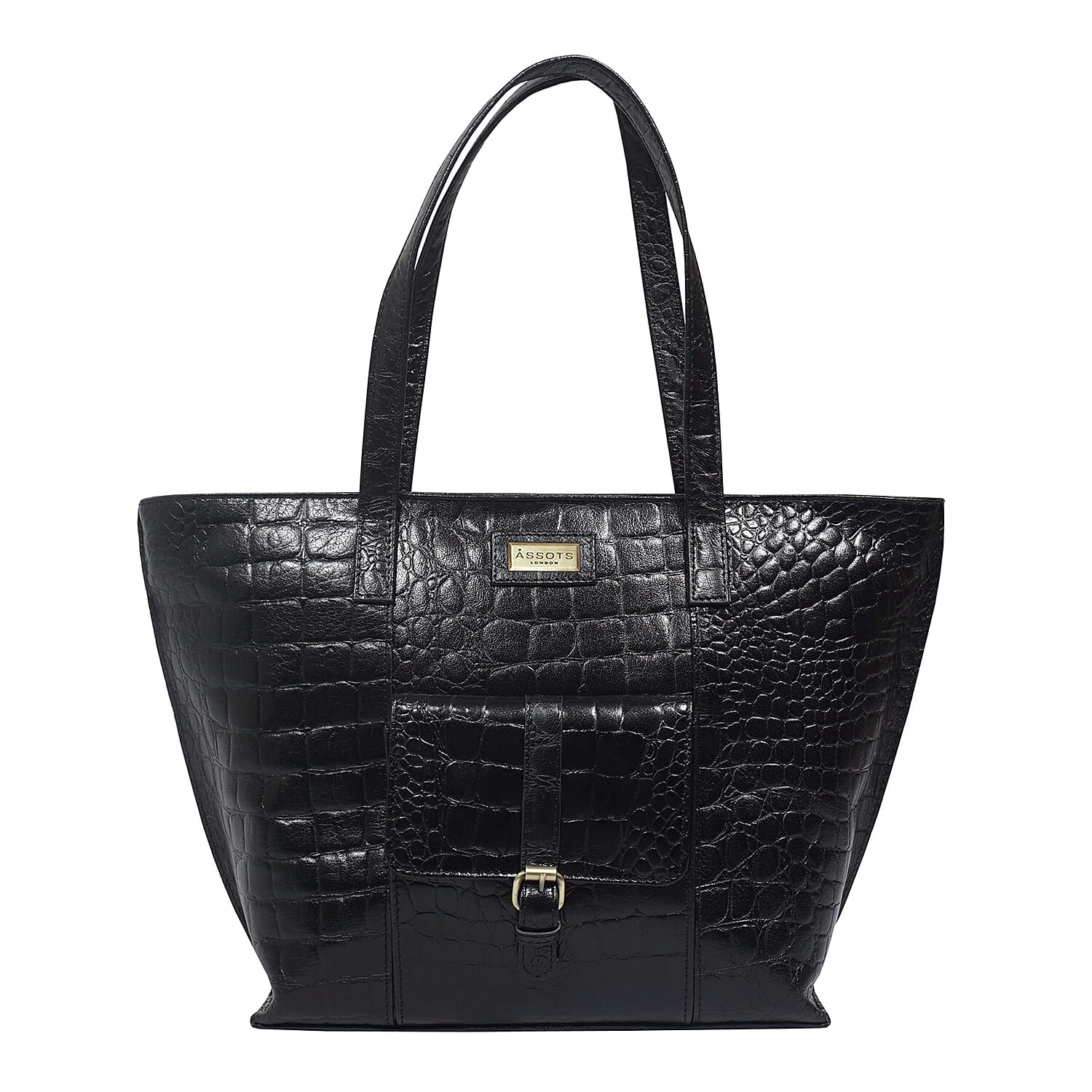 Assots London Emma Genuine Leather Croc Pattern Tote Bag (Size 42x26x13 Cm) - Black