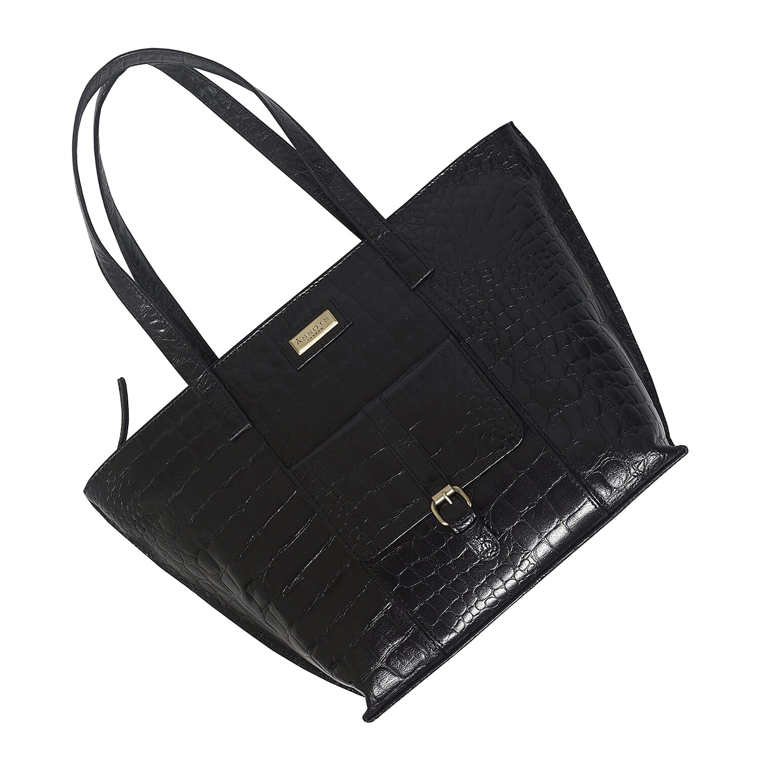 Assots London Emma Genuine Leather Croc Pattern Tote Bag (Size 42x26x13 Cm) - Black