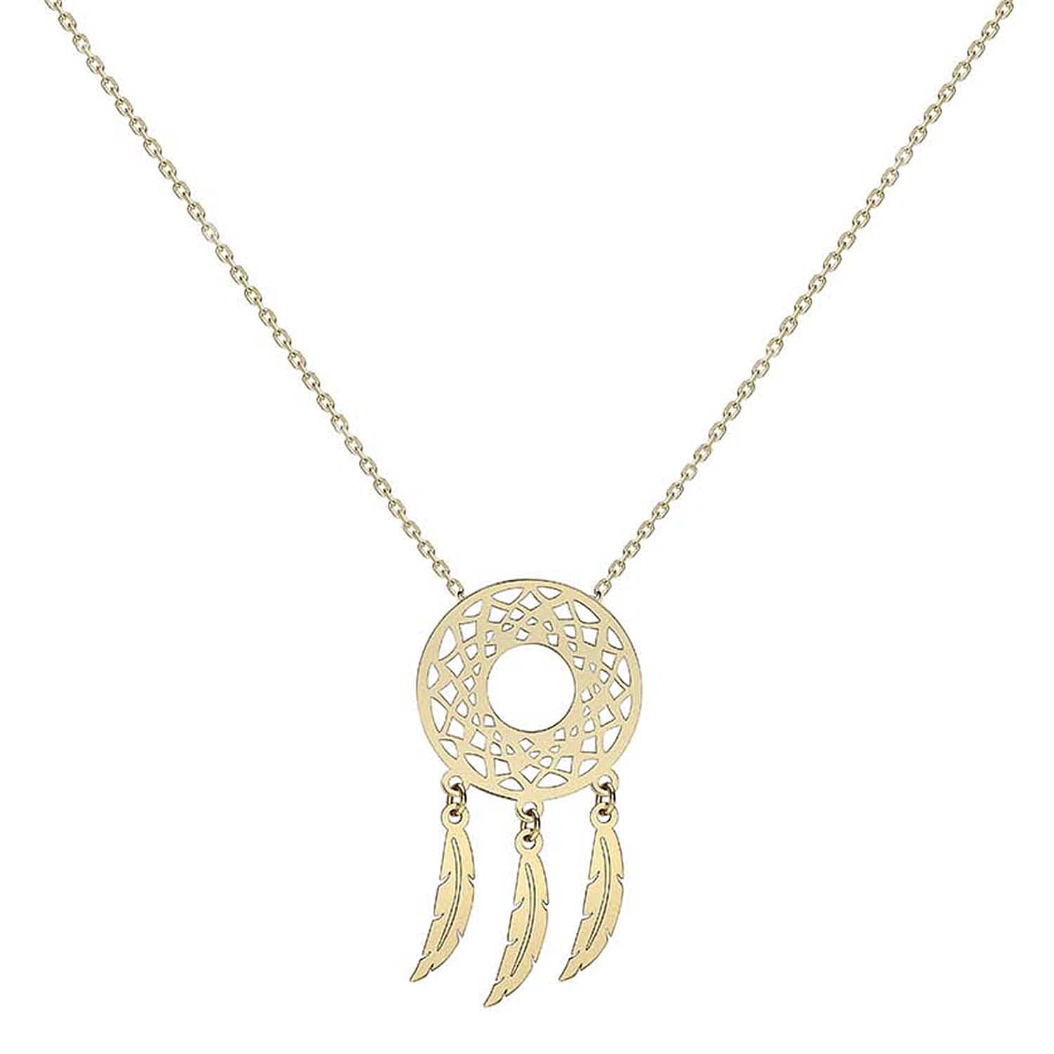 9K Yellow Gold 13.5mm X 26mm Circle Cutout Dream Catcher Necklace 16-18 Inch