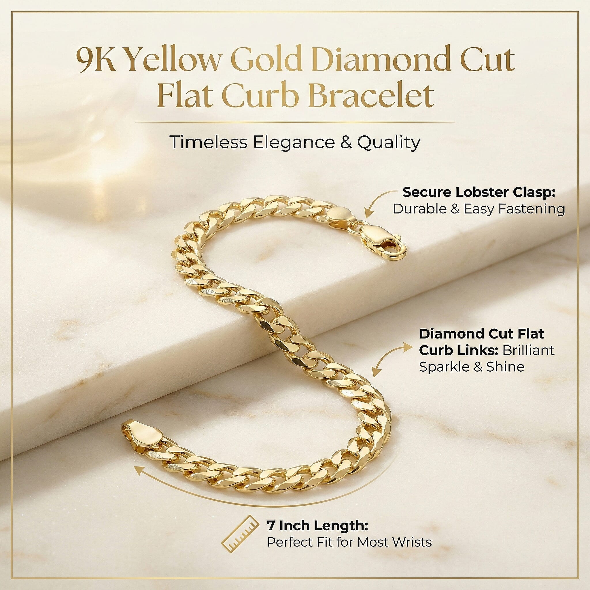 9K Yellow Gold Diamond Cut Flat Curb Bracelet 7 Inch