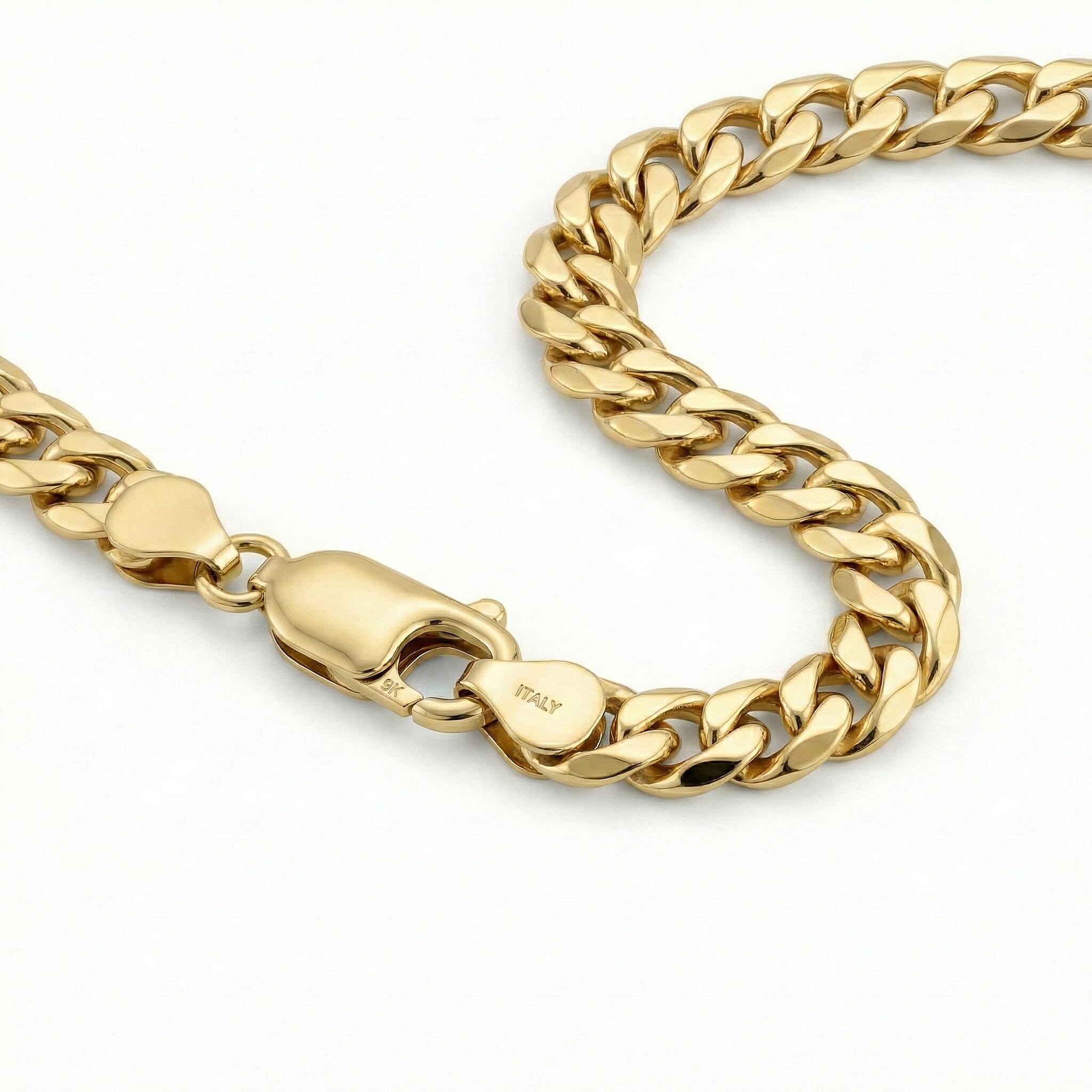9K Yellow Gold Hollow 6 Sided Curb Chain Bracelet 7.5 Inch