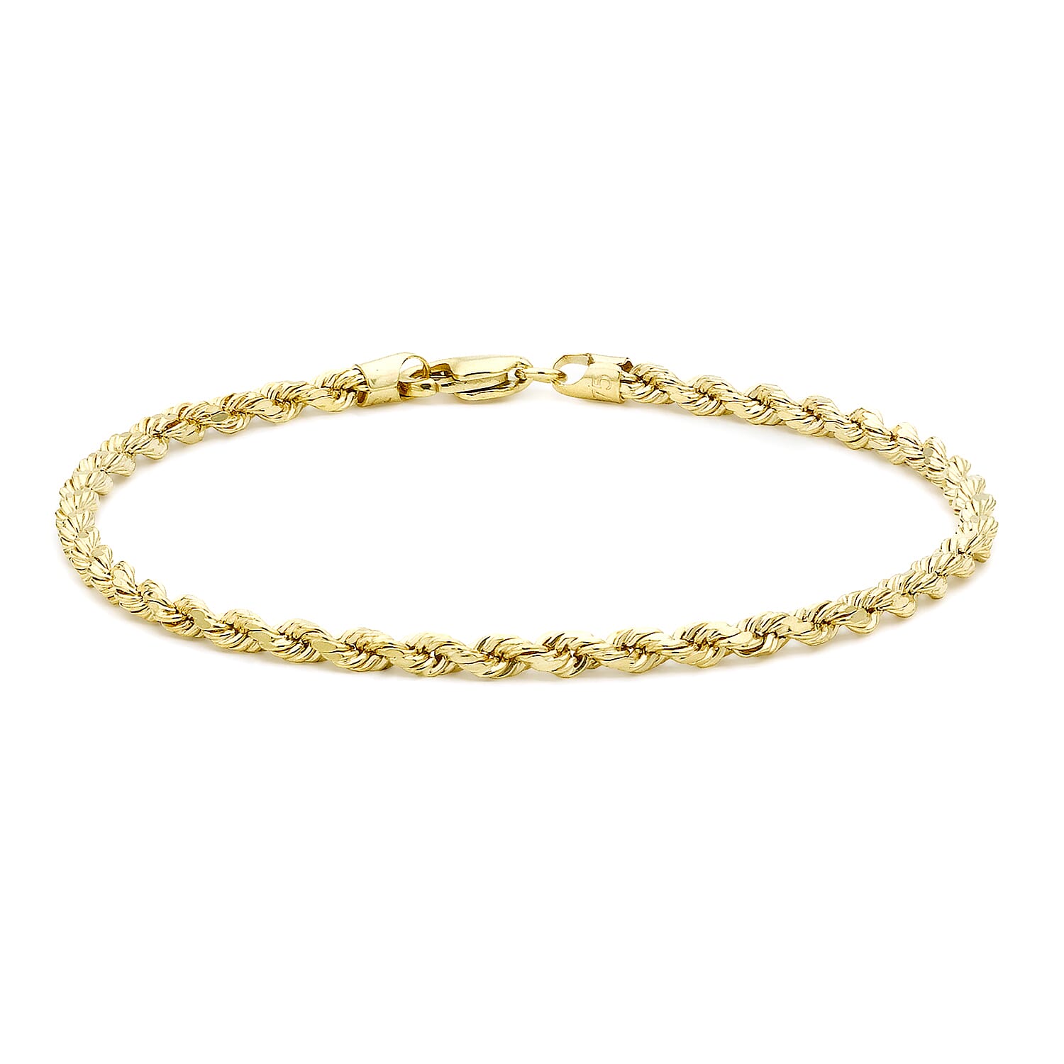 9K Yellow Gold Hollow Diamond Cut Rope Bracelet 7.5 Inch