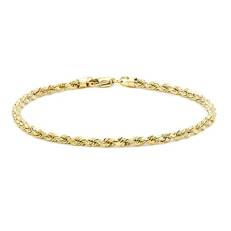 9K Yellow Gold Hollow Diamond Cut Rope Bracelet 7.5 Inch