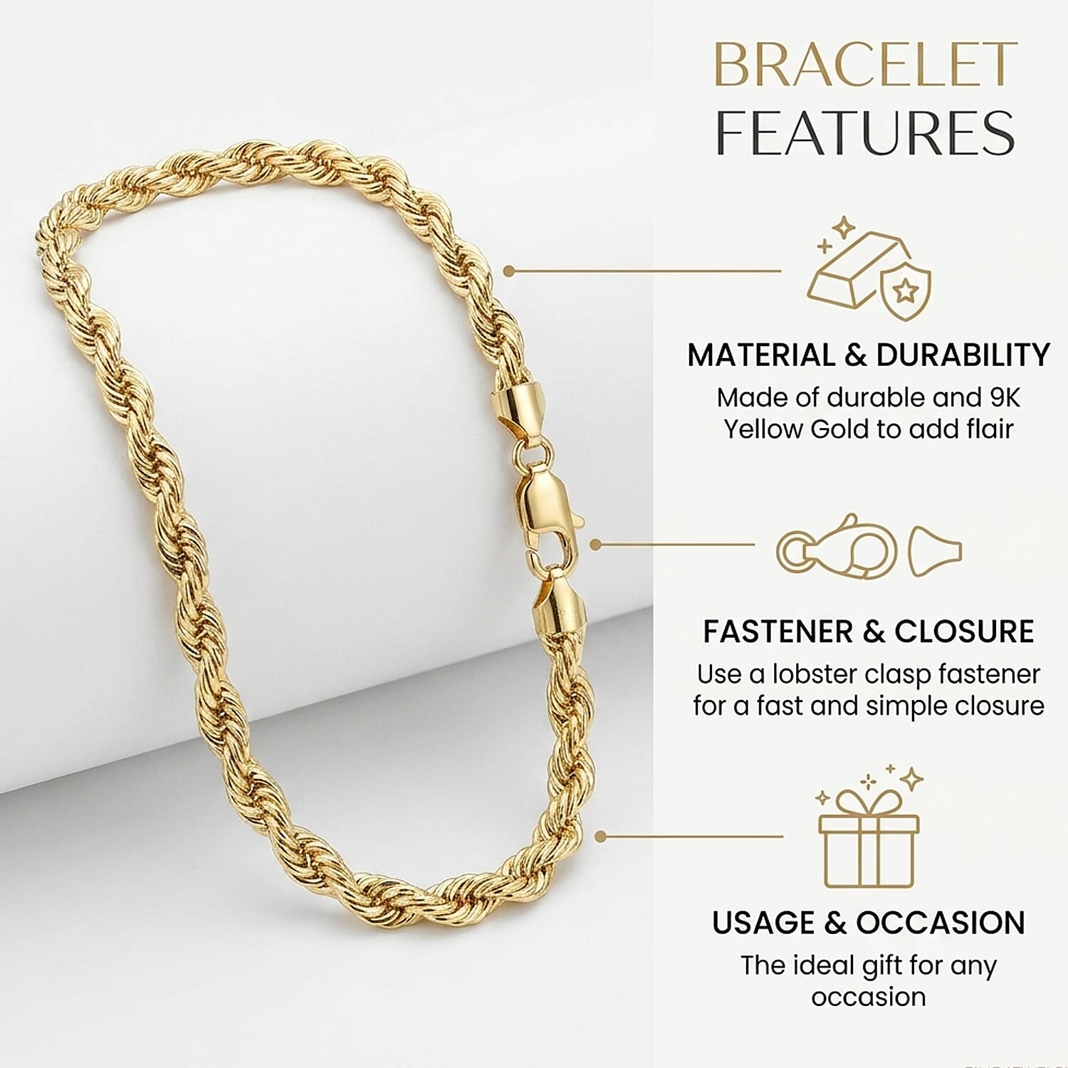 9K Yellow Gold Hollow Diamond Cut Rope Bracelet 7.5 Inch