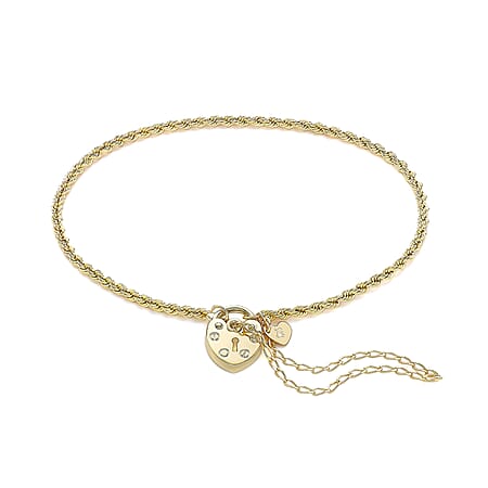 9K Yellow Gold 2mm Rope Chain Padlock And Safety Chain Bracelet 7.5 Inch