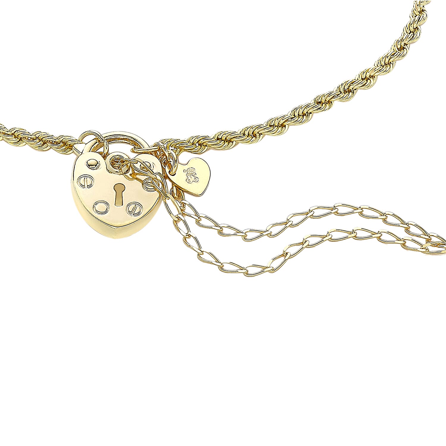 9K Yellow Gold 2mm Rope Chain Padlock And Safety Chain Bracelet 7.5 Inch