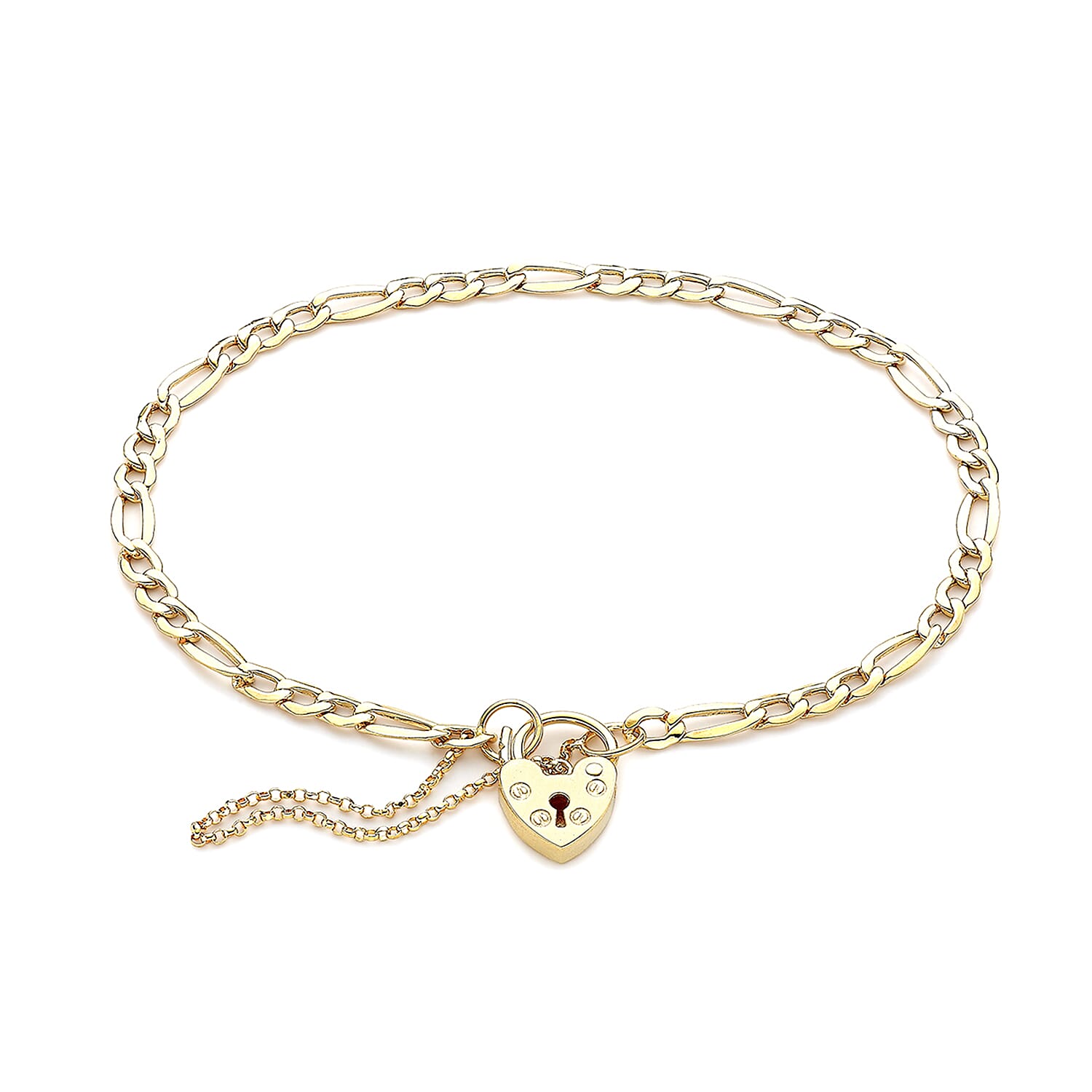 9K Yellow Gold 3.5mm Figaro 9mm X 14mm Padlock And Safety Chain Bracelet 7 Inch