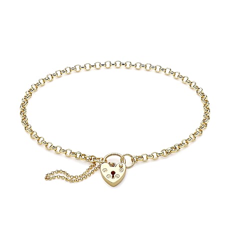 9K Yellow Gold 3mm Hollow Round Belcher 9mm X 14mm Padlock And Safety Chain Bracelet 7 Inch