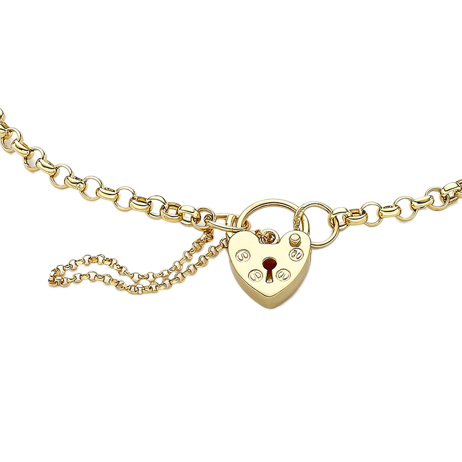 9K Yellow Gold 3mm Hollow Round Belcher 9mm X 14mm Padlock And Safety Chain Bracelet 7 Inch