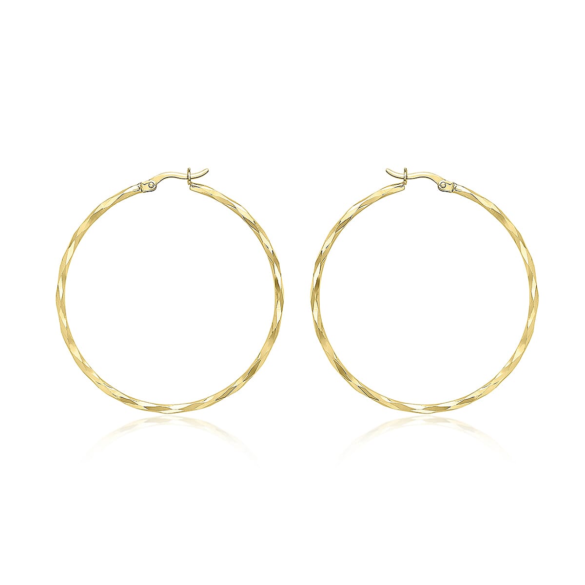 9K Yellow Gold 1.5mm Tube 42mm Diamond Cut Faceted Hoop Creole Earrings