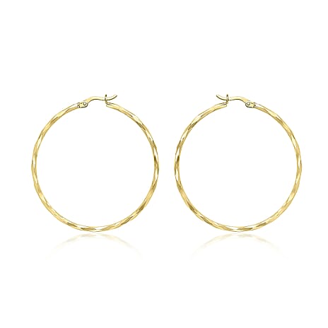 9K Yellow Gold 1.5mm Tube 42mm Diamond Cut Faceted Hoop Creole Earrings