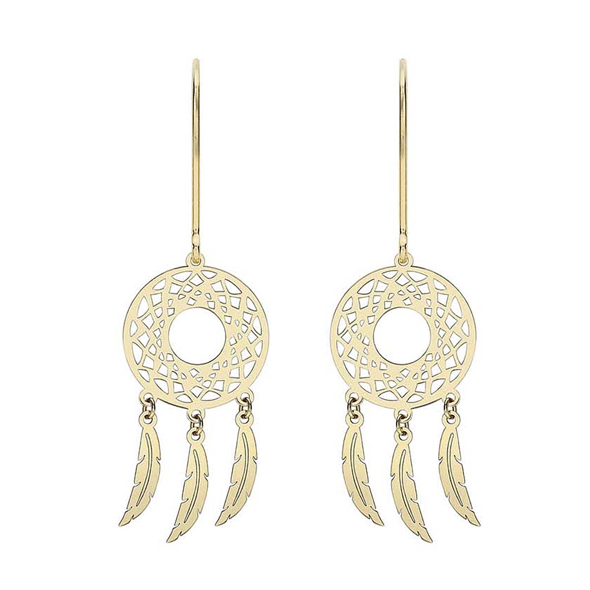 9K Yellow Gold 12mm X 40mm Circle Cutout Dream Catcher Earrings