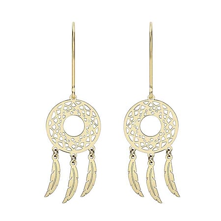 9K Yellow Gold 12mm X 40mm Circle Cutout Dream Catcher Earrings