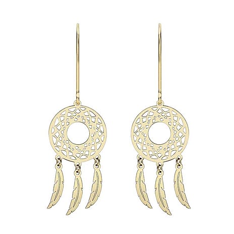 9K Yellow Gold 12mm X 40mm Circle Cutout Dream Catcher Earrings