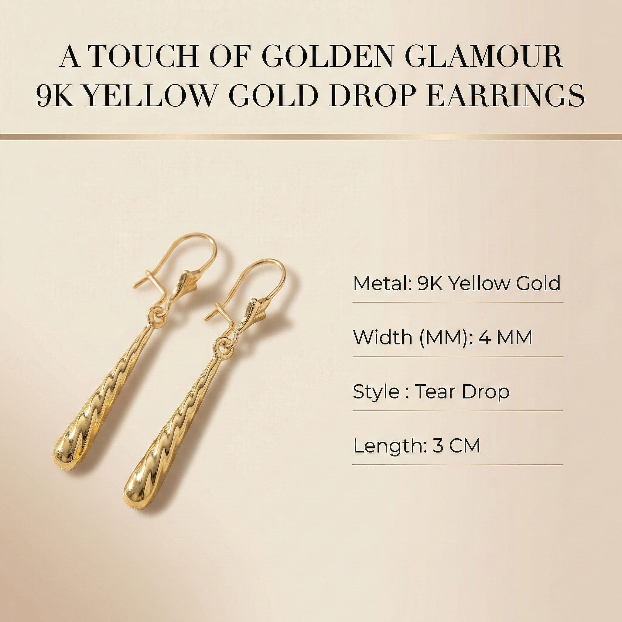 9K Yellow Gold 4mm X 30mm Drop Earrings