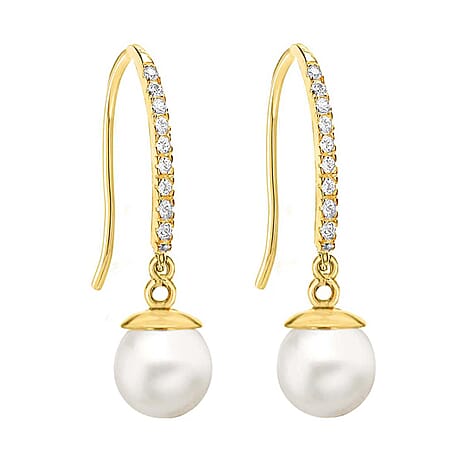 9K Yellow Gold Cubic Zirconia and Freshwater Pearl 7mm x 25mm Drop Earrings