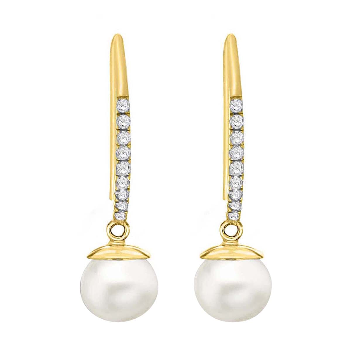 9K Yellow Gold Cubic Zirconia and Freshwater Pearl 7mm x 25mm Drop Earrings