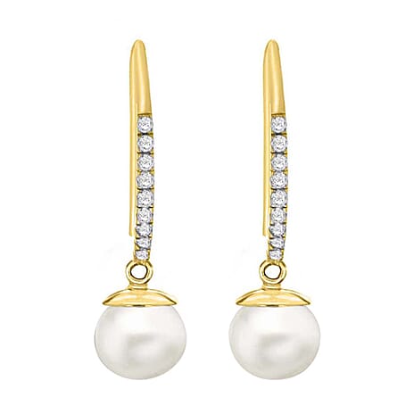9K Yellow Gold Cubic Zirconia and Freshwater Pearl 7mm x 25mm Drop Earrings