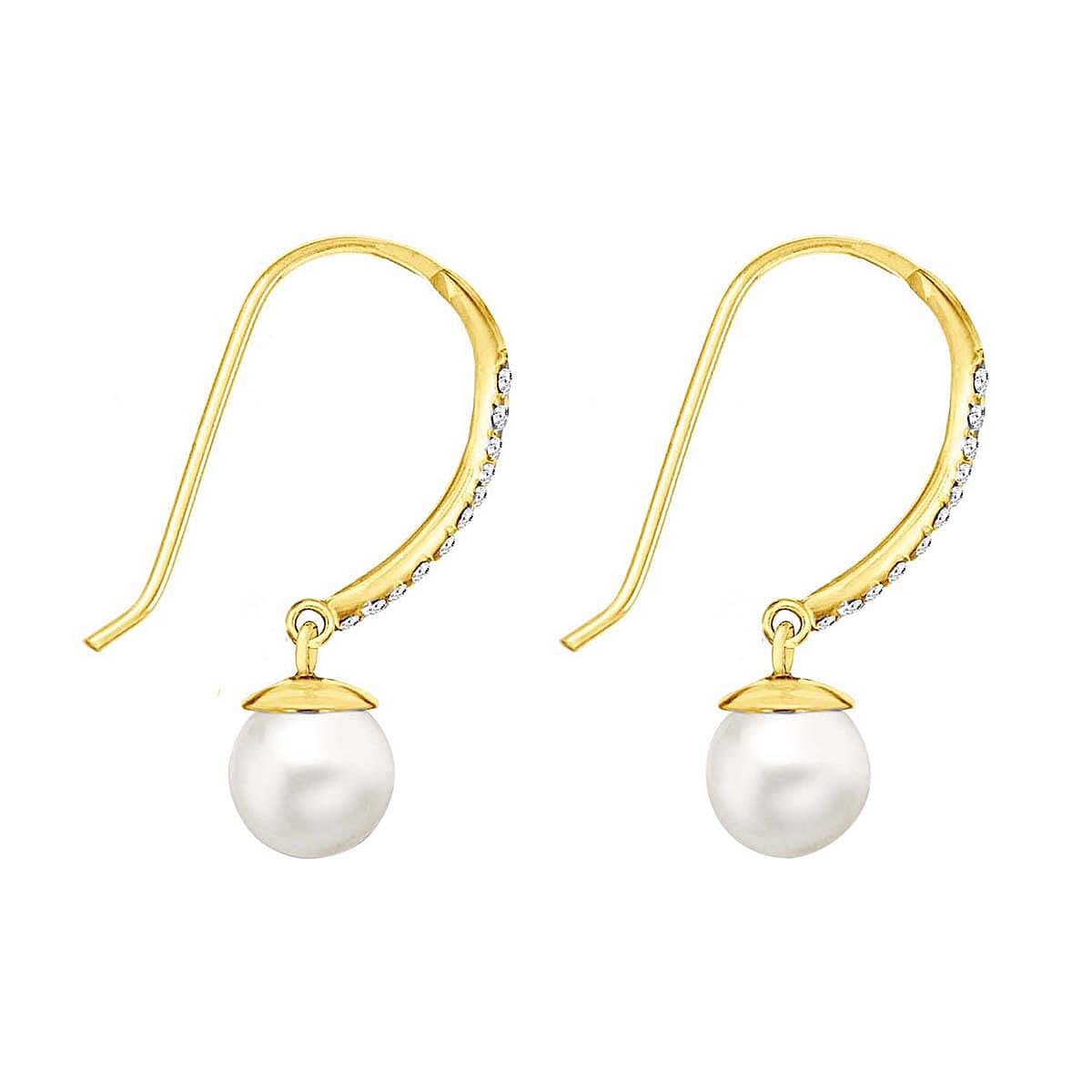 9K Yellow Gold Cubic Zirconia and Freshwater Pearl 7mm x 25mm Drop Earrings