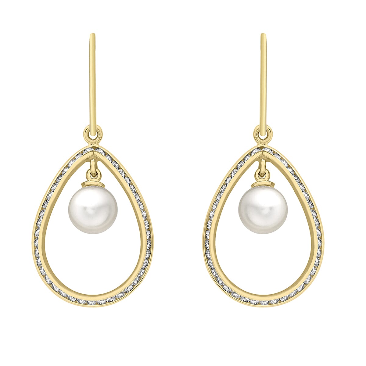 9K Yellow Gold 6mm Freshwater Pearl and Cubic Zirconia 15mm x 35mm Teardrop Earrings