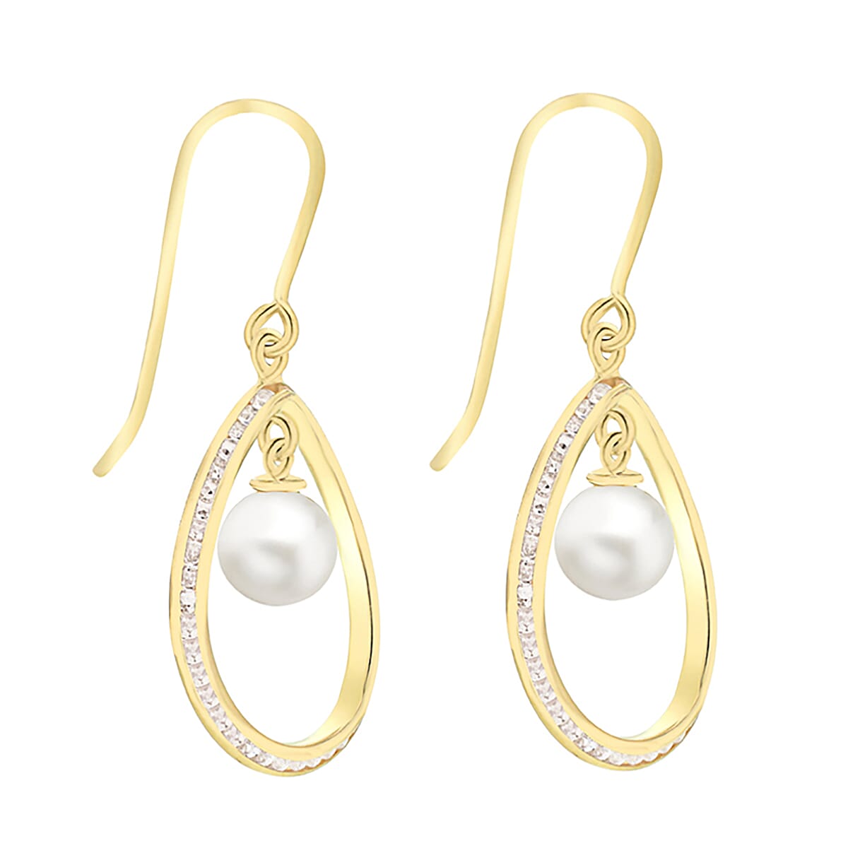 9K Yellow Gold 6mm Freshwater Pearl and Cubic Zirconia 15mm x 35mm Teardrop Earrings