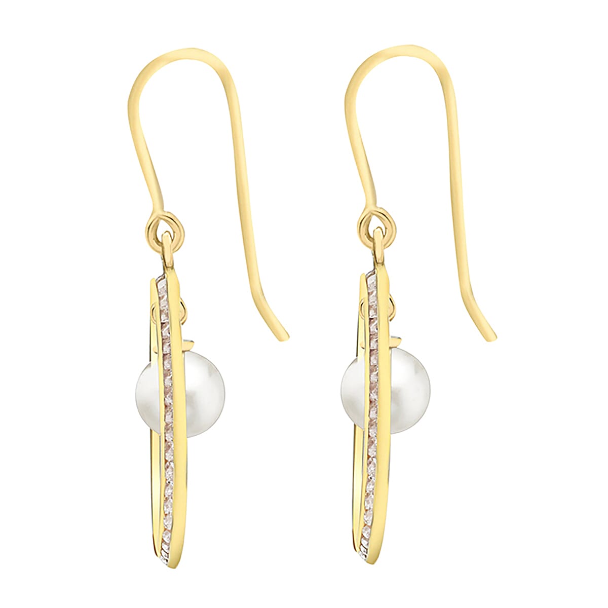 9K Yellow Gold 6mm Freshwater Pearl and Cubic Zirconia 15mm x 35mm Teardrop Earrings