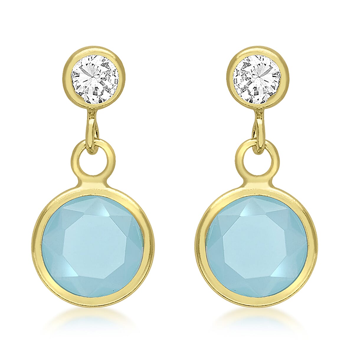 9K Yellow Gold Cubic Zirconia and Aqua Crystal 7mm x 14mm Drop Earrings