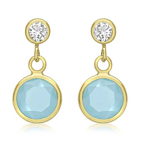 9K Yellow Gold Cubic Zirconia and Aqua Crystal 7mm x 14mm Drop Earrings
