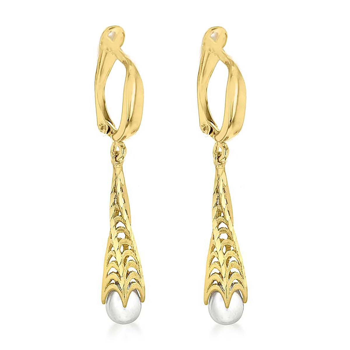 9K Yellow Gold Freshwater Pearl 5mm x 36mm Twisted Cone Earring