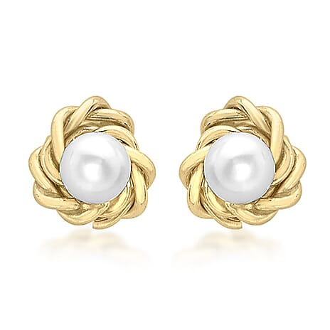 9K Yellow Gold Knot and 3mm Freshwater Pearl 5mm Stud Earrings