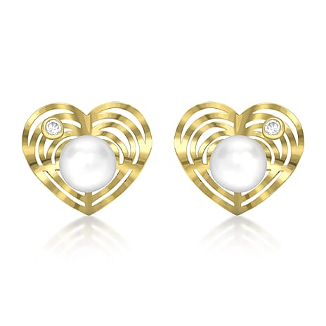 9K Yellow Gold Freshwater Pearl and Cubic Zirconia 10mm x 9mm Heart Stud Earrings