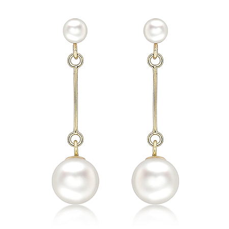 9K Yellow Gold Freshwater Pearl and Bar 7mm x 29mm Drop Earrings